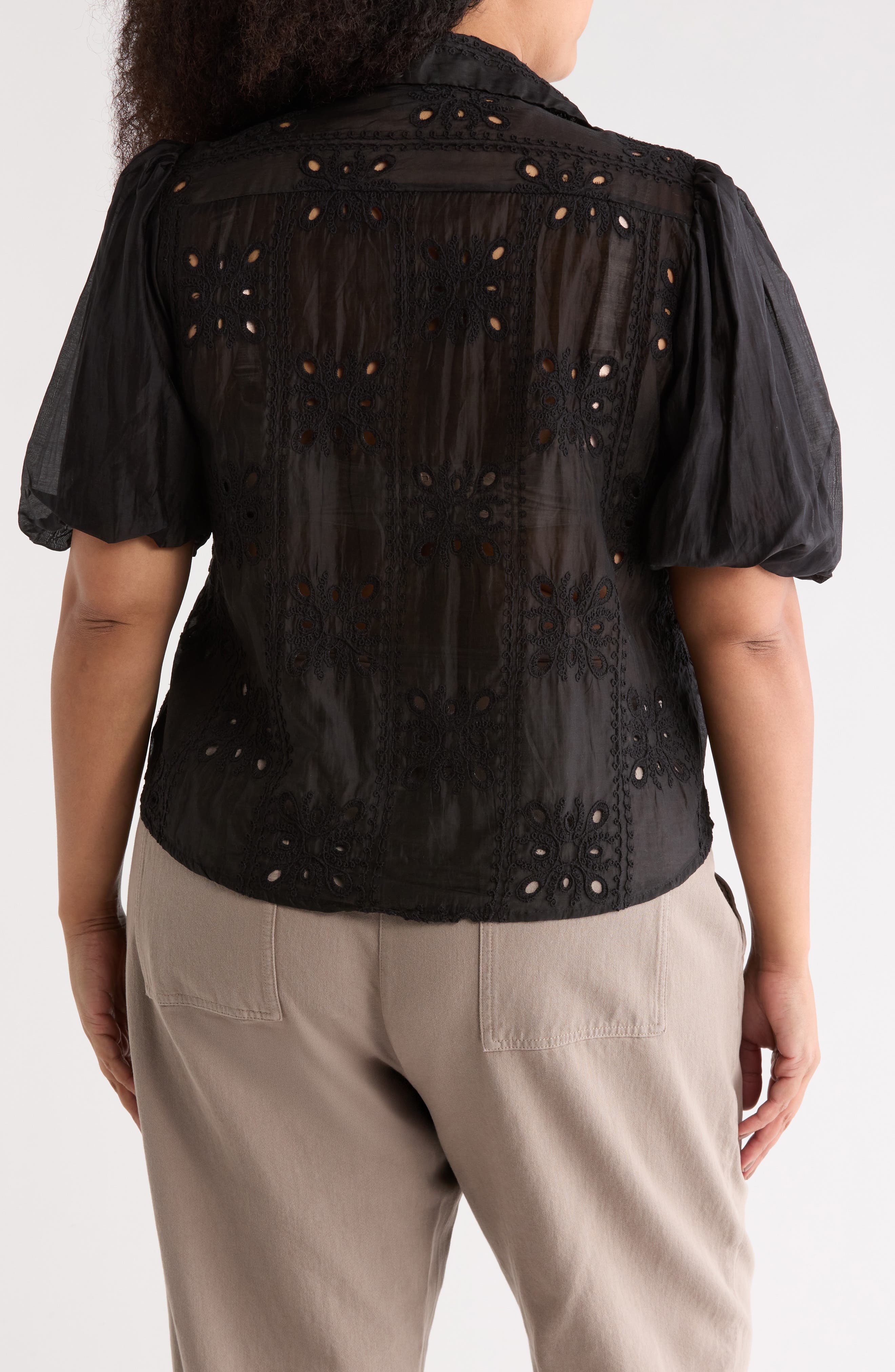 Eyelet Puff Sleeve Button-Up Shirt - image 2