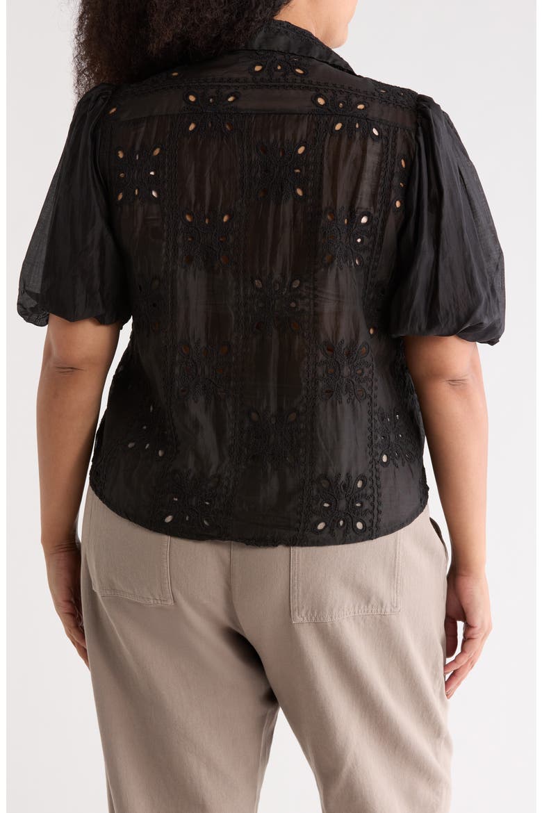 Eyelet Puff Sleeve Button-Up Shirt, Alternate, color, BLACK