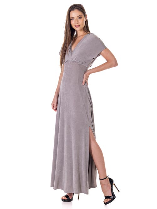 24seven Comfort Apparel Womens Flutter Sleeve Metallic Knit Maxi Dress Front Slit Empire Waist In Gray