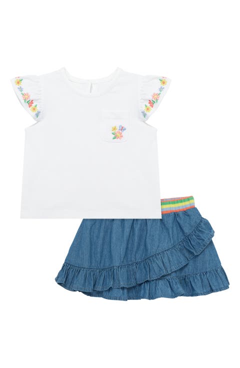 Embroidered Flutter Sleeve Top & Ruffle Chambray Skort Set (Baby)