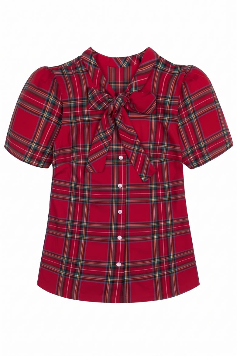 Women's Organic Cotton Puff Sleeve Bow Neck Shirt, Alternate, color, Red Holiday Tartan