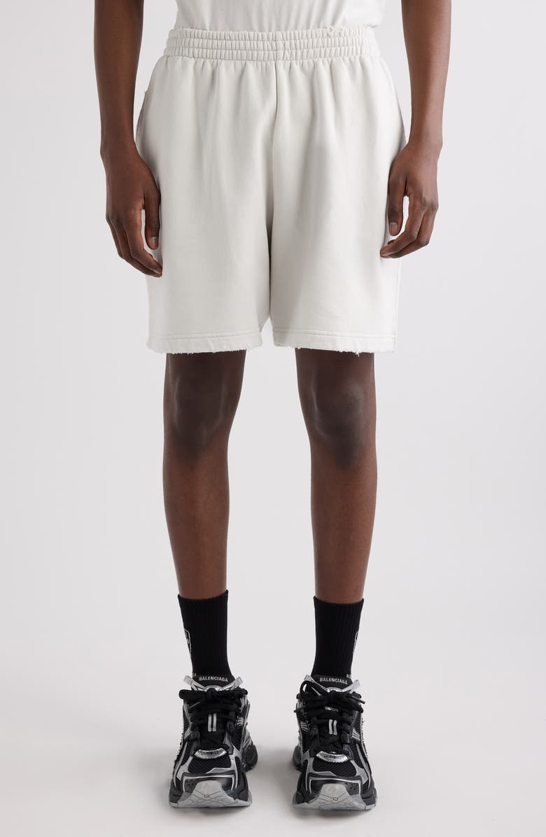 Balenciaga Distressed Logo Embroidered Sweat Shorts, Main, color, 8016 Dirty Wht/ Sport Blue
