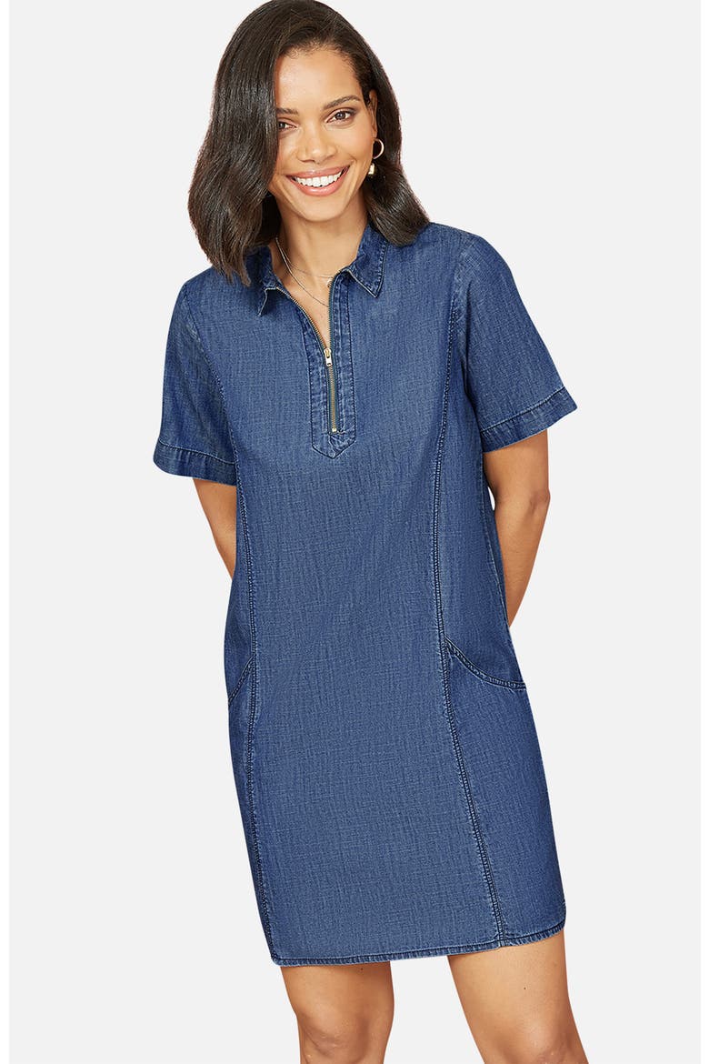 Cotton Chambray Zip Neckline Dress, Alternate, color, Blue
