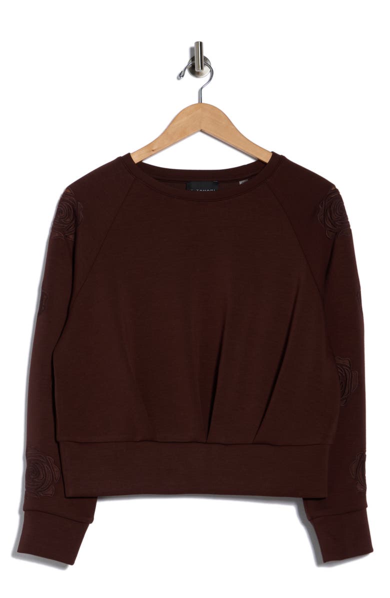 T Tahari Rose Embroidered Scuba Knit Crewneck Top, Alternate, color, Chocolate