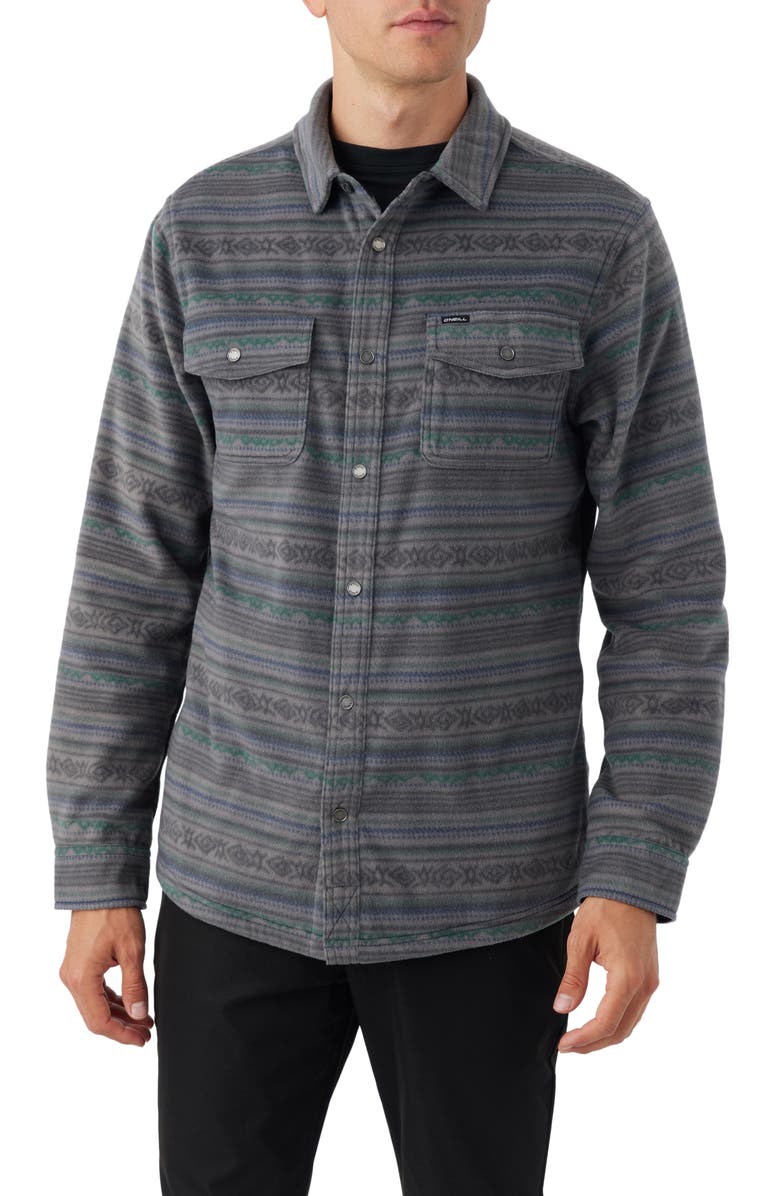 O'Neill Glacier Stripe Fleece Snap-Up Overshirt, Main, color, 
