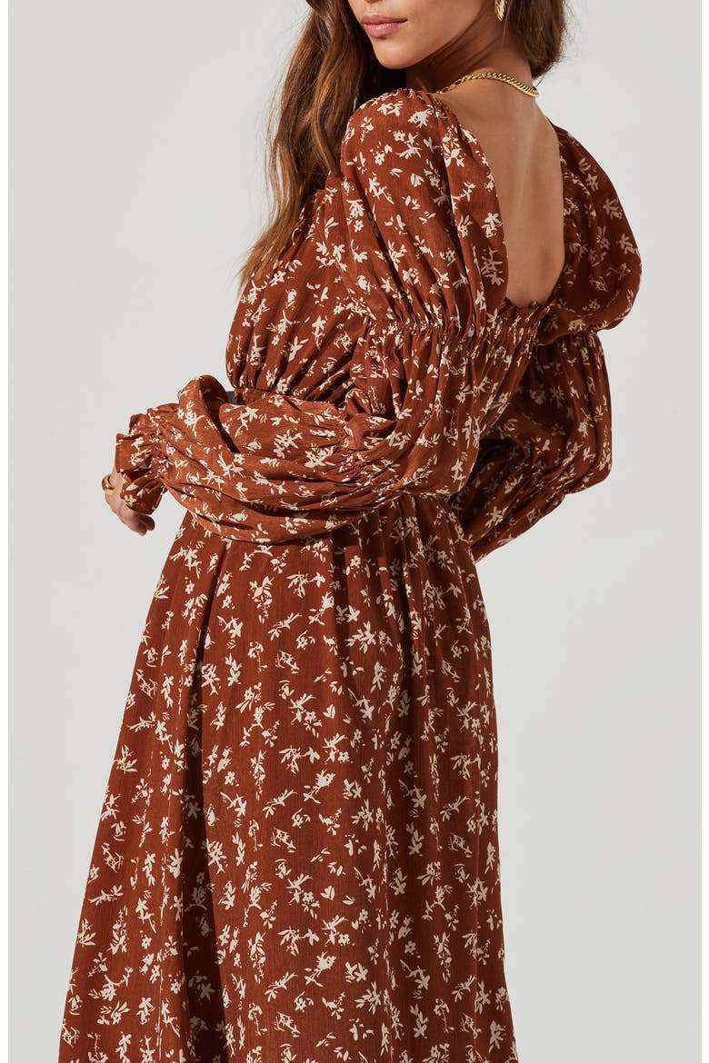 Astr Floral Cinched Long Sleeve Midi Peasant Dress, Alternate, color, CARAMEL FLORAL