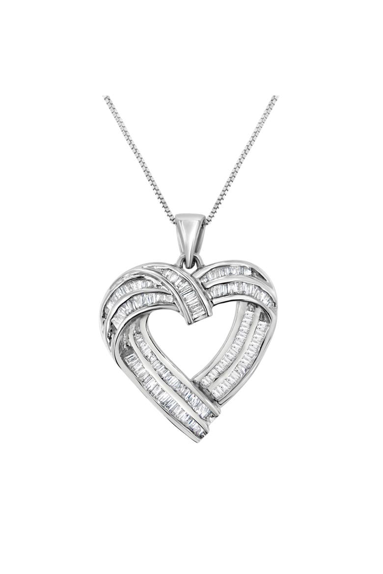 Silver 7/8 cttw Baguette Diamond Heart Pendant Necklace, Main, color, White
