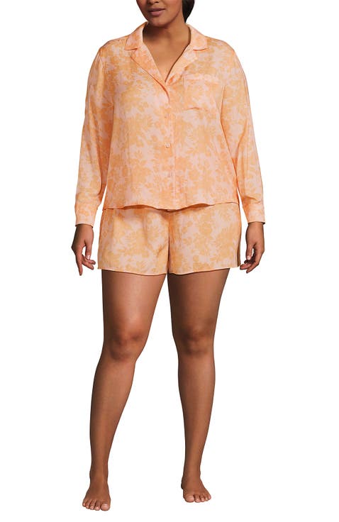 Plus Size Matte Satin 2 Piece Pajama Set - Long Sleeve Top and Shorts