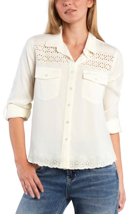 Eyelet Butterfly Button-Up Shirt