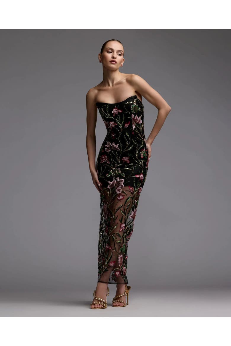 Strapless Floral Embroidered Column Dress, Alternate, color, Black Multi