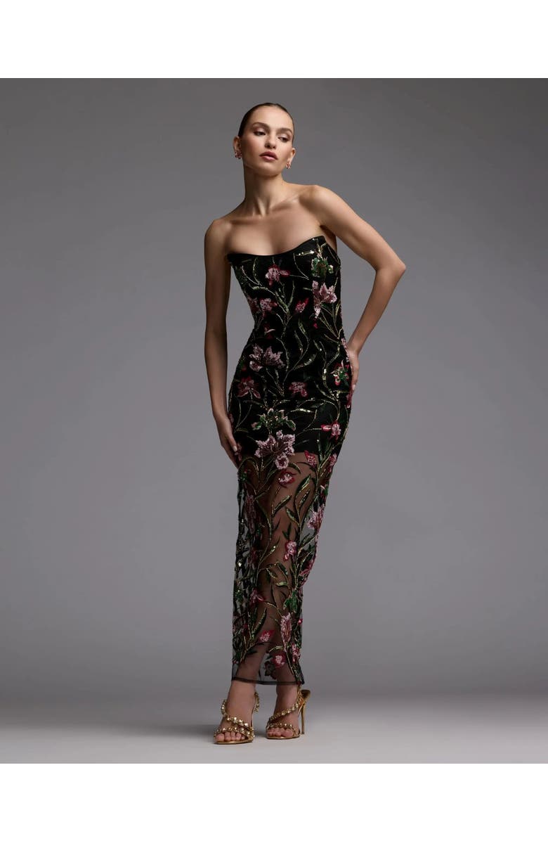 Mac Duggal Strapless Floral Embroidered Column Dress, Alternate, color, Black Multi