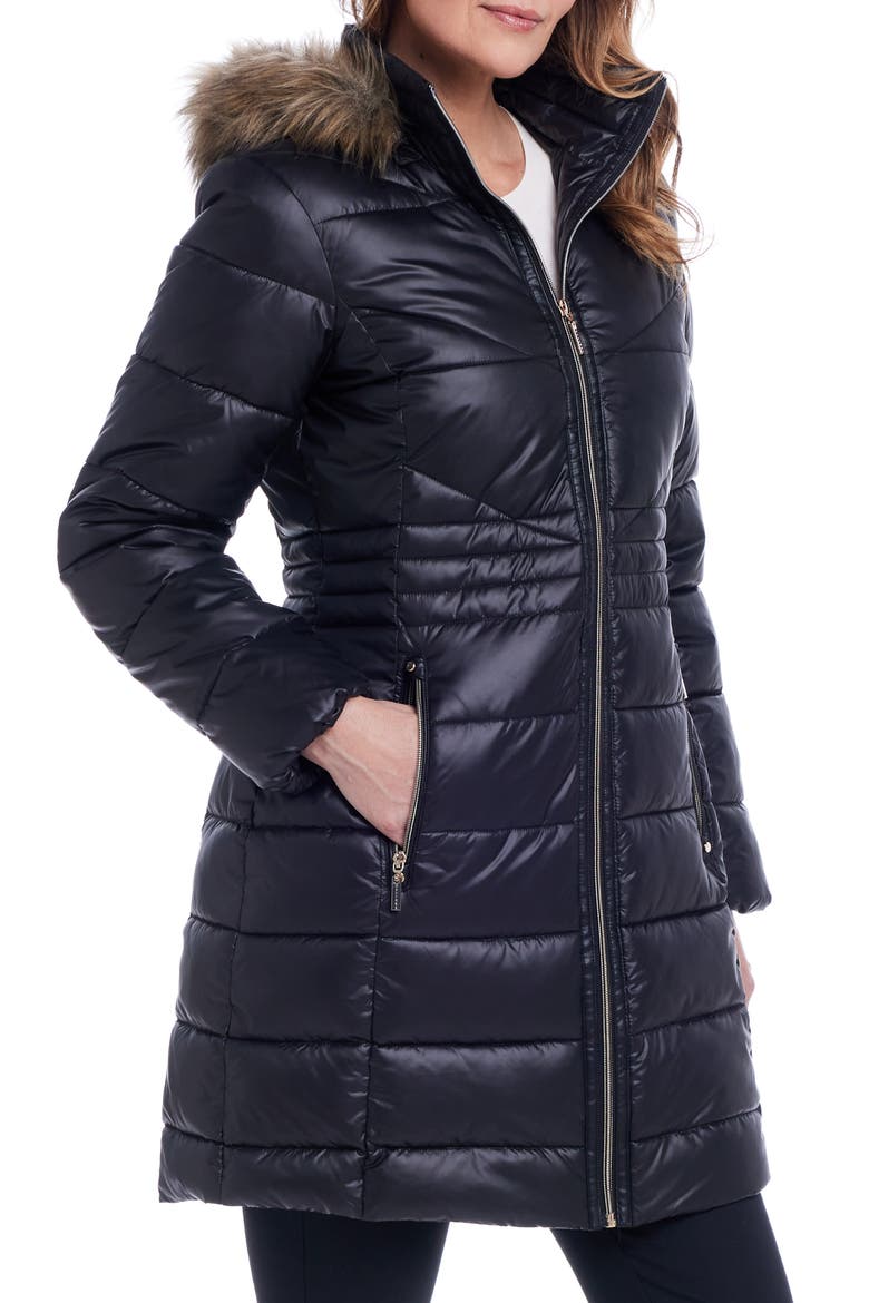 Water Resistant Puffer Coat with Faux Fur Trim Removable Hood, Alternate, color, BLACK