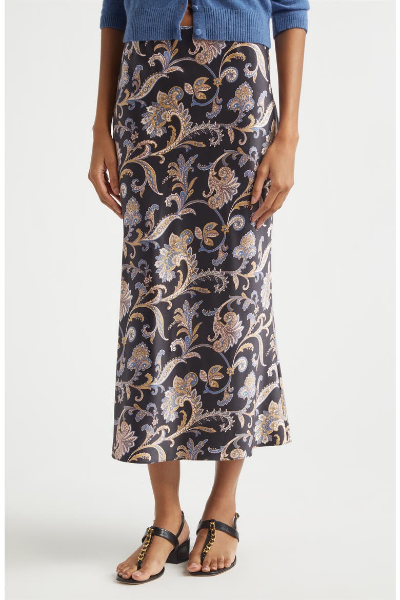 Clover Bias Cut Silk Blend Skirt, Alternate, color, BLACK MULTI