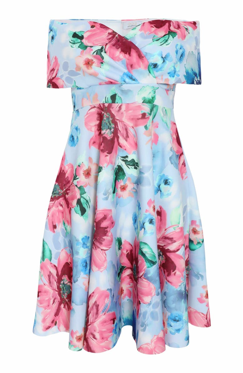 QUIZ Plus Size Scuba Knit Floral Bardot Skater Midi Dress, Alternate, color, Blue