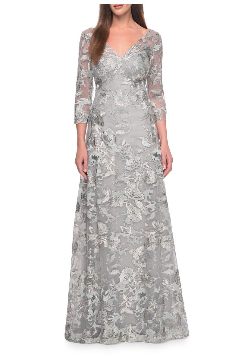 La Femme Unique Silver Lace Mother of the Bride Gown with Sleeves, Main, color, Silver/Slate