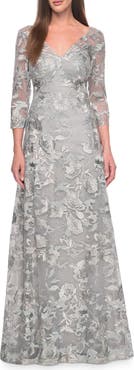La Femme Unique Silver Lace Mother of the Bride Gown with Sleeves