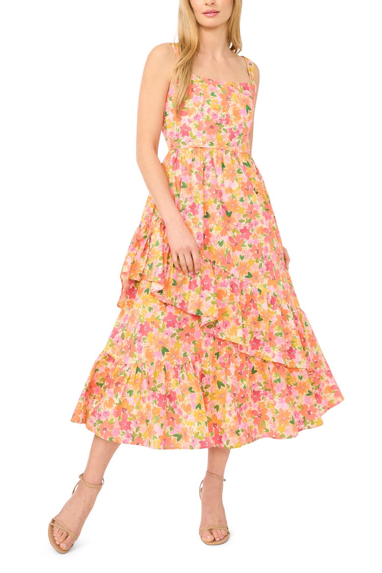 Asymmetric Ruffle Floral Print Midi Dress, Main, color, CLARET RED