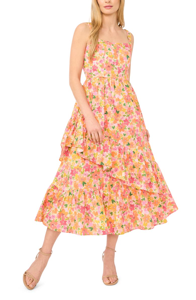 CeCe Asymmetric Ruffle Floral Print Midi Dress, Main, color, Claret Red