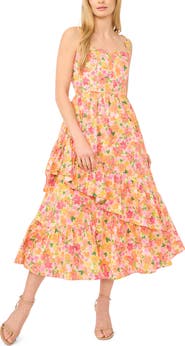 CeCe Asymmetric Ruffle Floral Print Midi Dress
