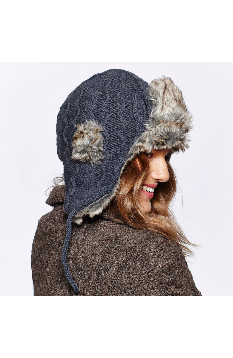 Nirvanna Designs Cable Knit Russian Hat w/ Faux Fur, Alternate, color, Black