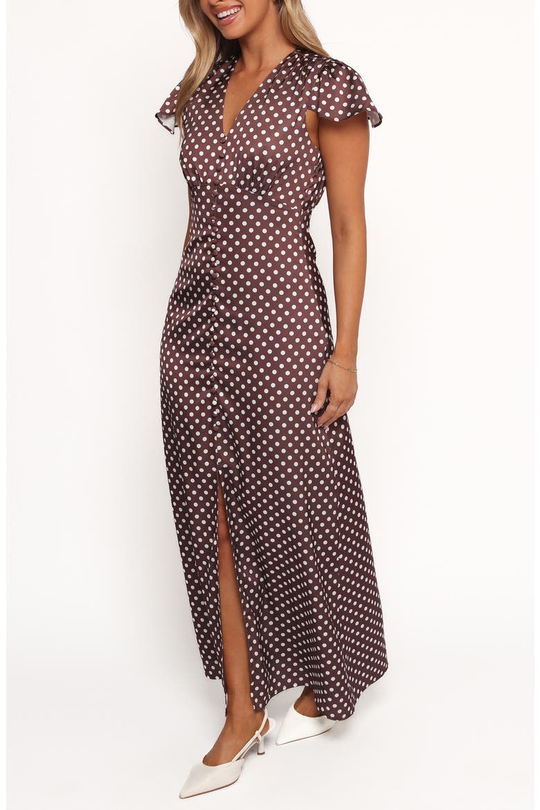 Dean Polka Dot Satin Maxi Dress, Alternate, color, BROWN POLKA DOT