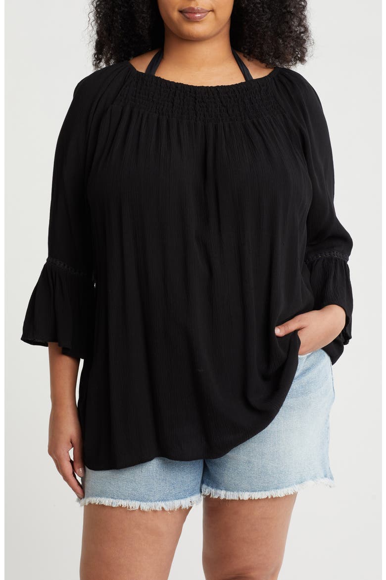 Smocked Bell Sleeve Blouse, Main, color, BLACK