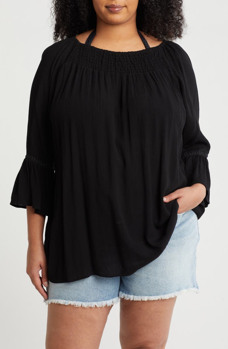 BOHO ME Smocked Bell Sleeve Blouse, Main, color, Black