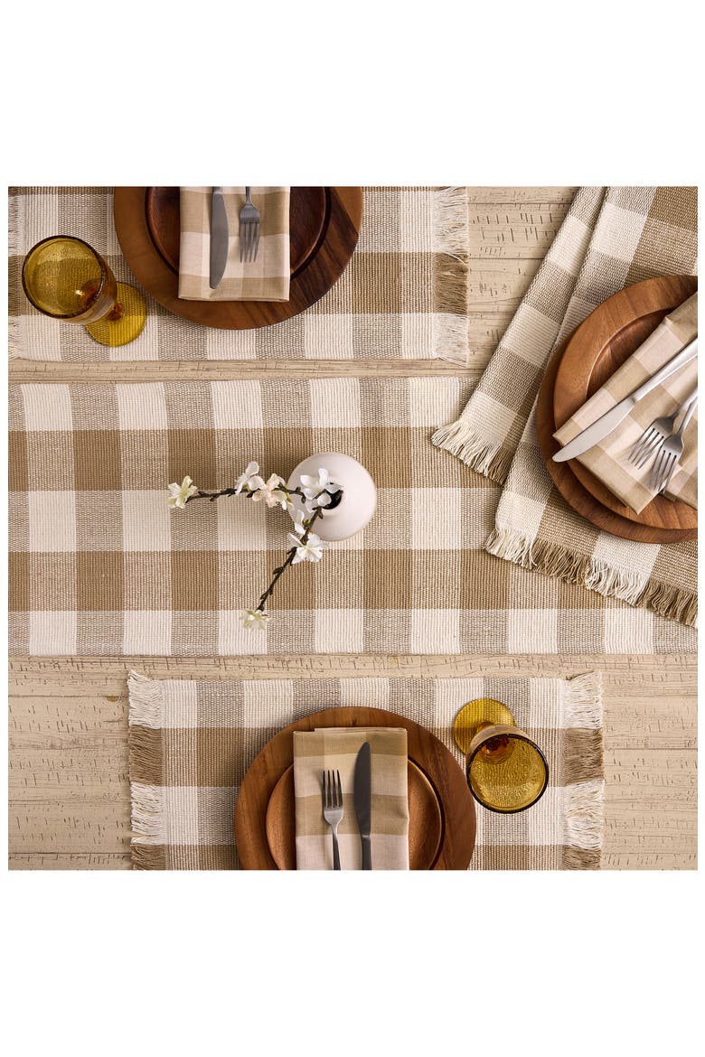 Checkered Fringe Cotton Table Runner, Alternate, color, BROWN
