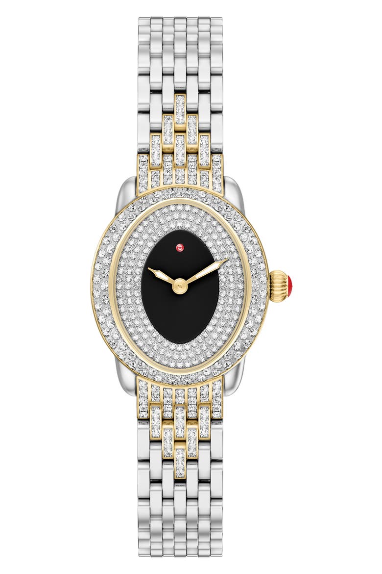 Serein Oval Noir Gloss Diamond Swiss Movement Bracelet Watch, Main, color, TWO TONE / BLACK