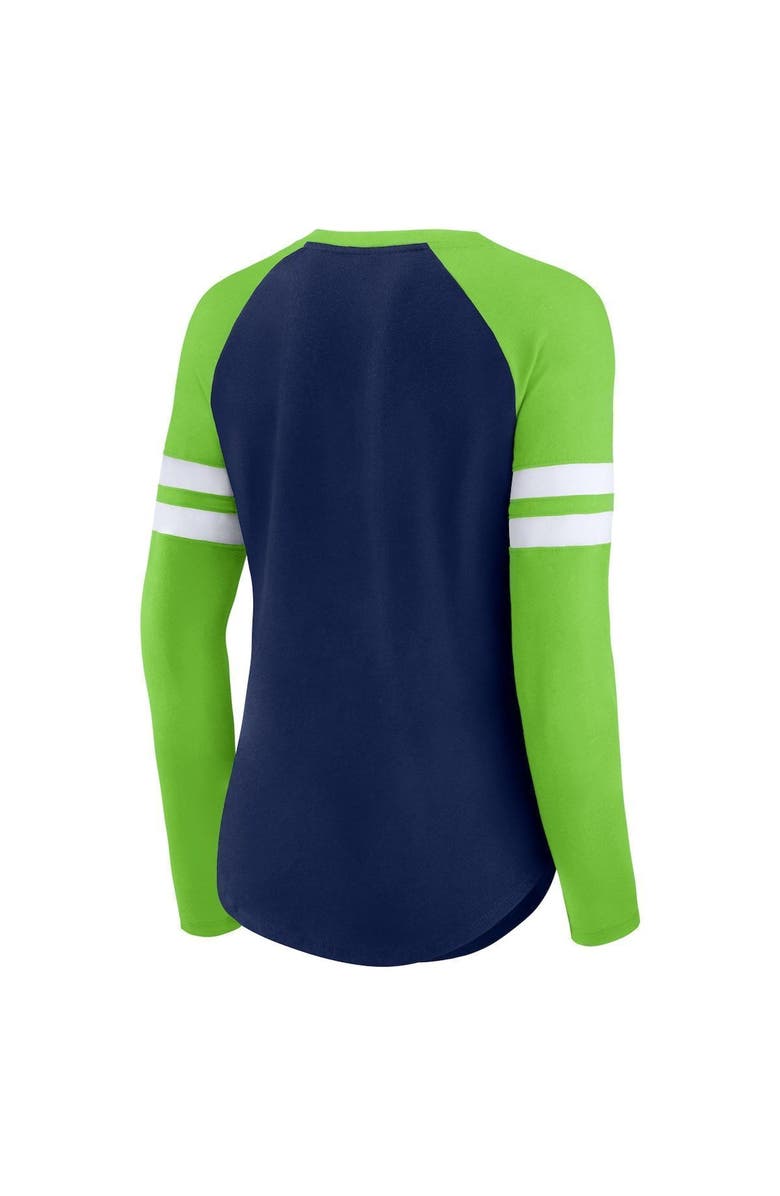 FANATICS Women's Fanatics Branded College Navy/Neon Green Seattle Seahawks True to Form Raglan Lace-Up V-Neck Long Sleeve T-Shirt, Alternate, color, Navy