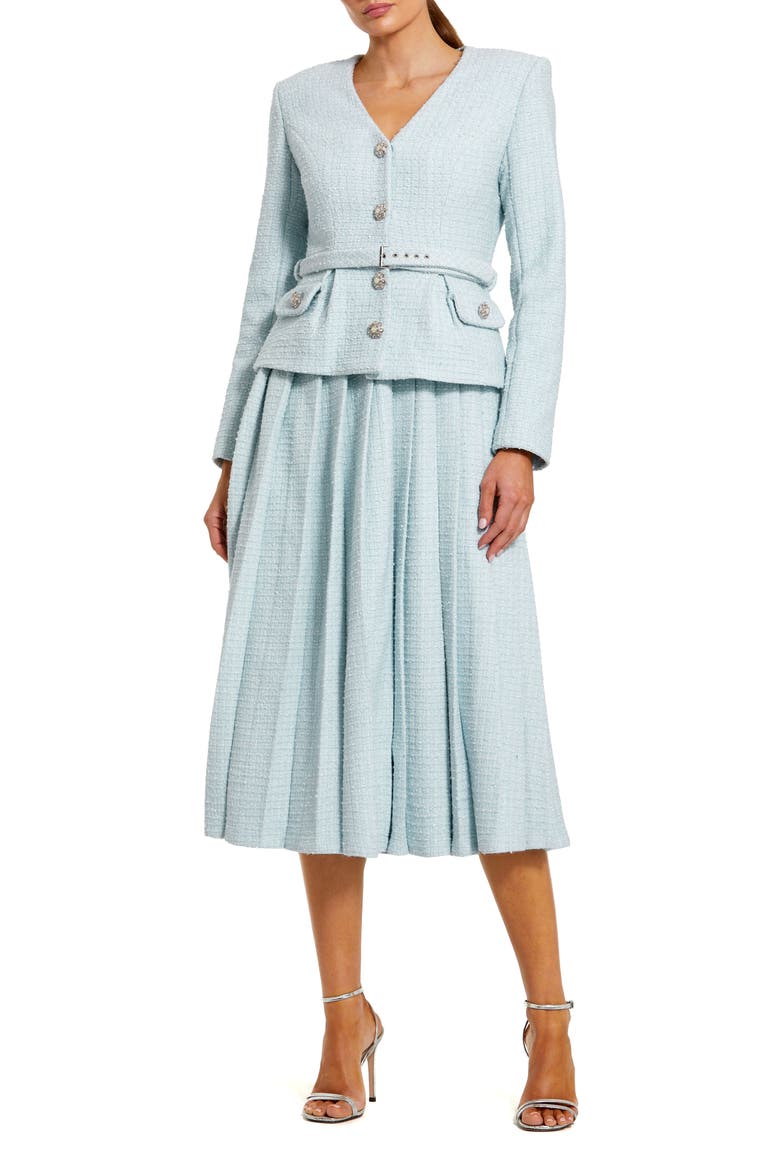 Long Sleeve Bouclé Midi Dress with V-Neck and Decorative Buttons, Main, color, Powder Blue