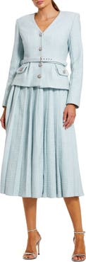 Mac Duggal Long Sleeve Bouclé Midi Dress with V-Neck and Decorative Buttons