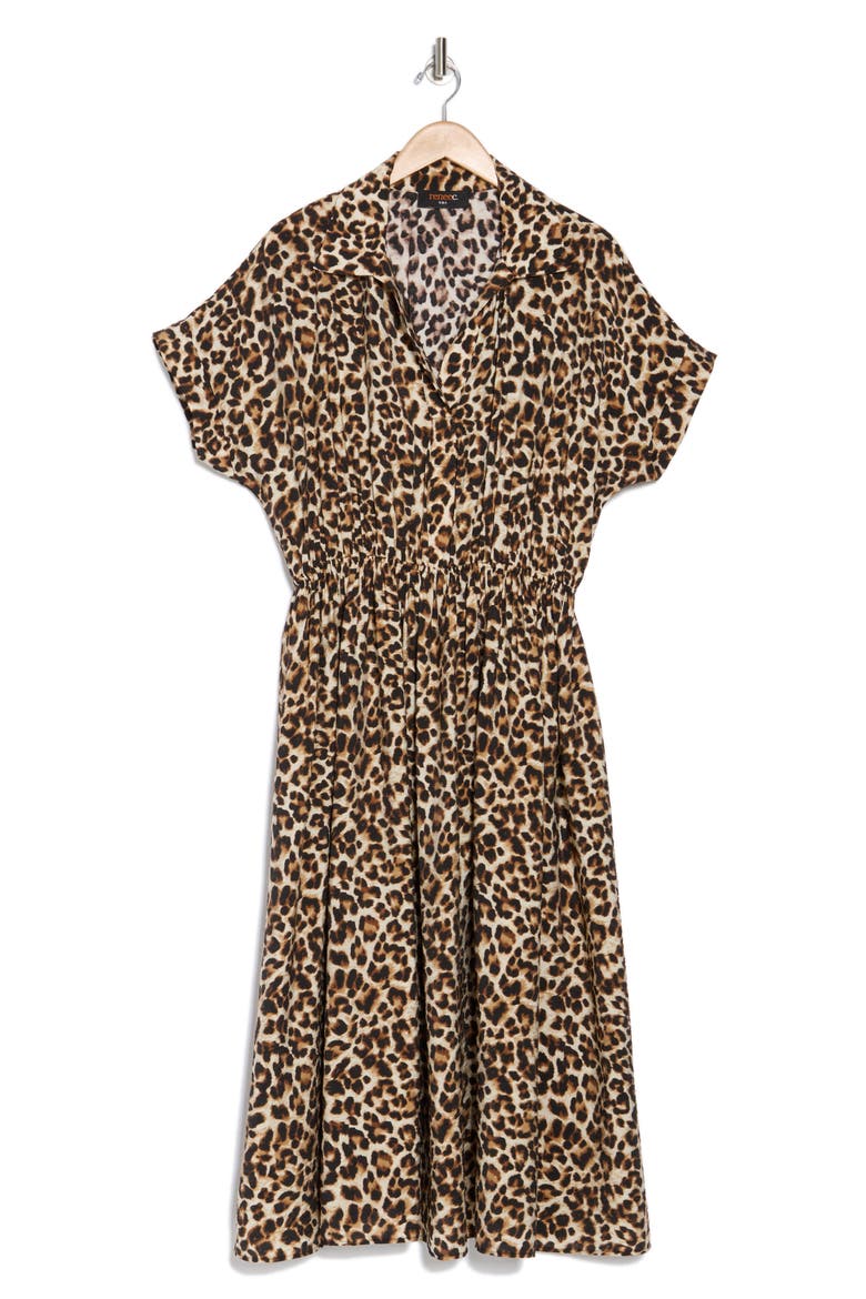 Leopard Print Short Sleeve Midi Dress, Alternate, color, CHOCOLATE