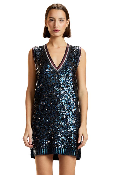 Sequin V-Neck Mini Knit Dress