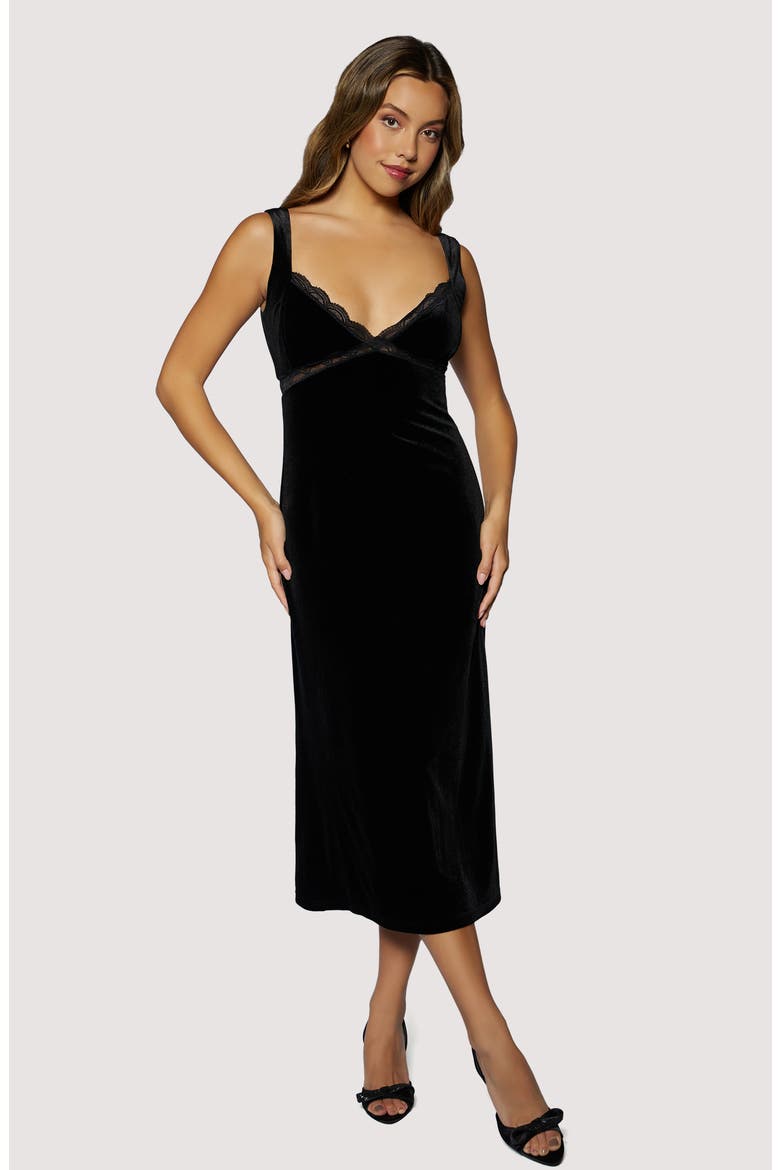 Fiorella Lace Trim Velvet Midi Dress, Alternate, color, BLACK