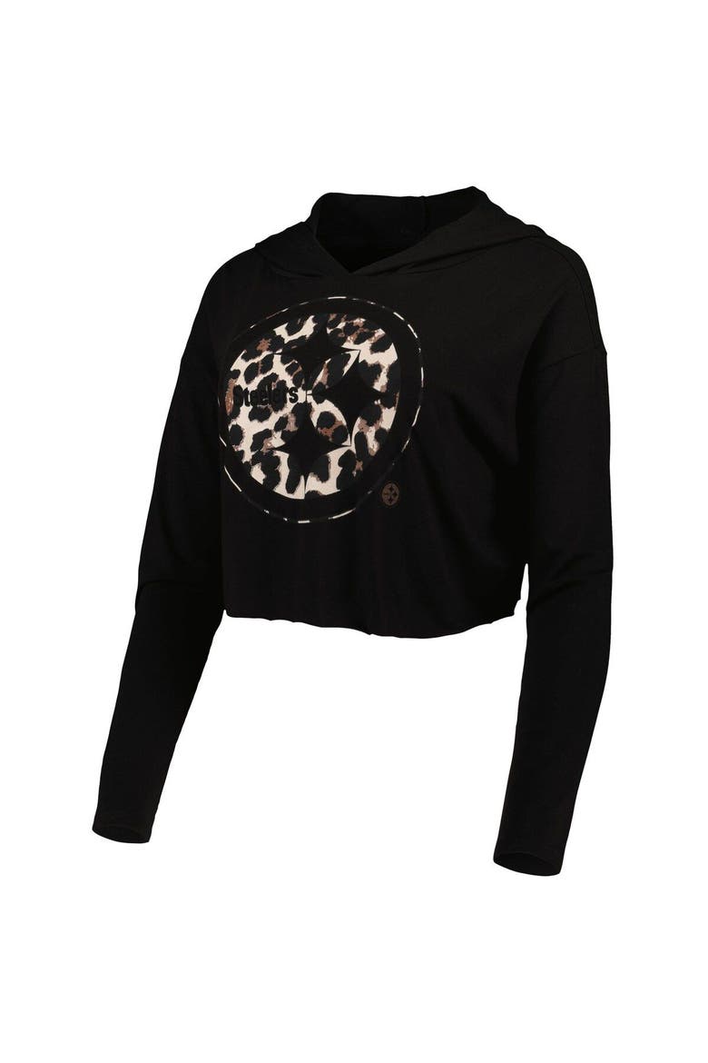 Women's Majestic Threads T.J. Watt Black Pittsburgh Steelers Leopard Player Name & Number Long Sleeve Cropped Hoodie, Alternate, color, Black