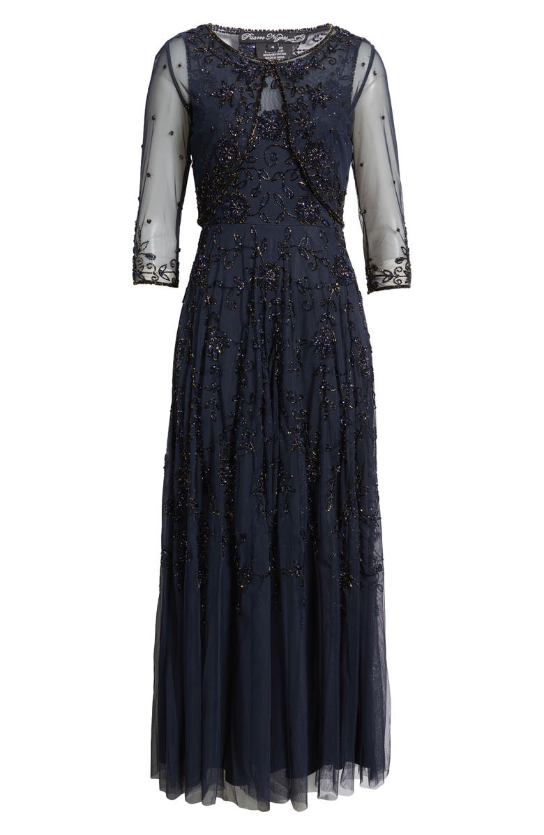 Pisarro Nights Beaded Mesh Gown with Jacket, Alternate, color, Navy