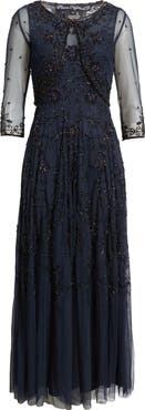 Pisarro Nights Beaded Mesh Gown with Jacket