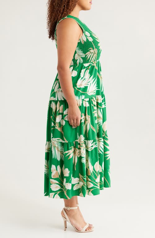 Anne Klein Palm Print Smocked Tiered Maxi Dress In Tropical Green Multi
