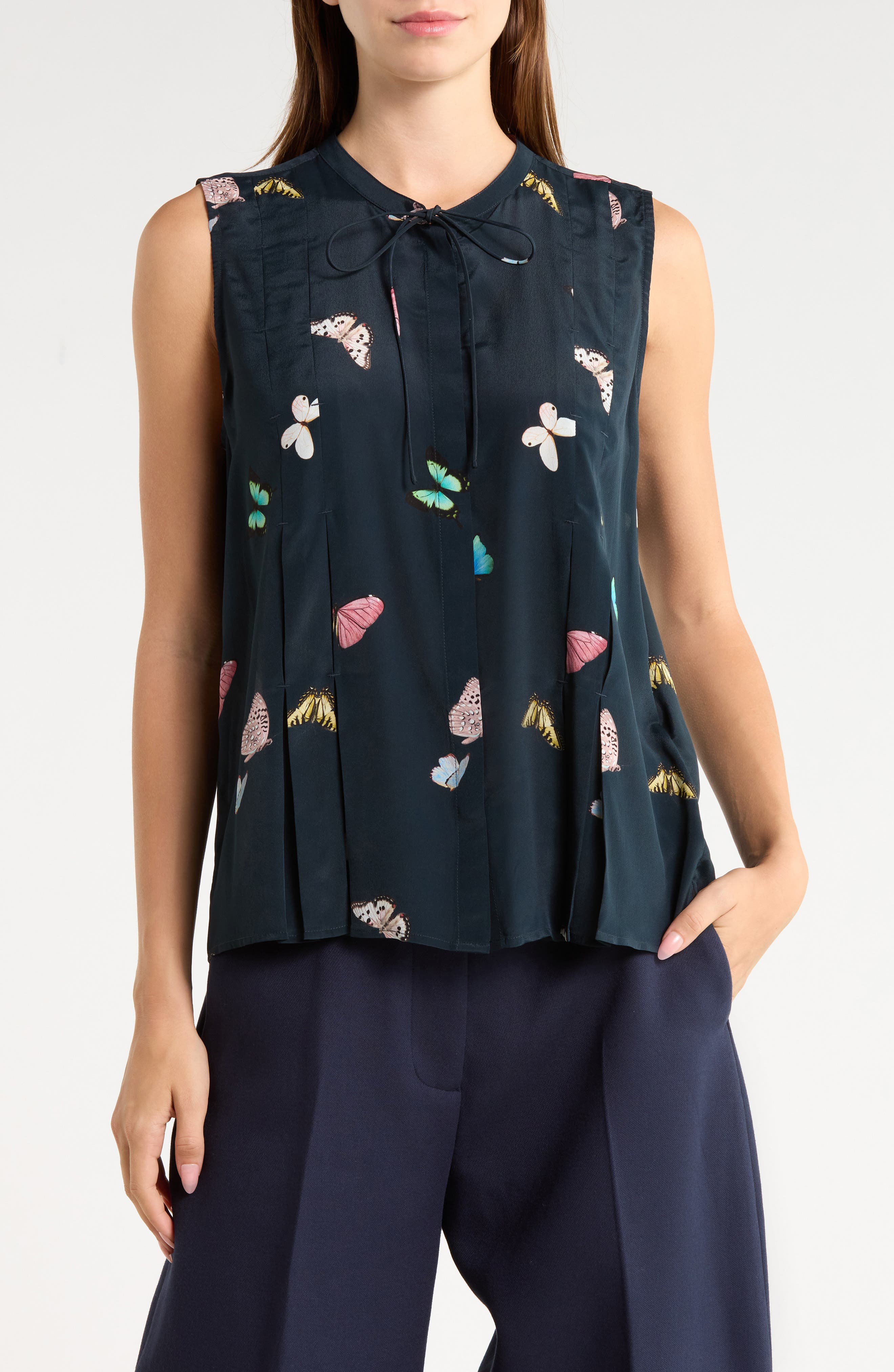 Arden Printed Pleated Sleeveless Silk Blend Top