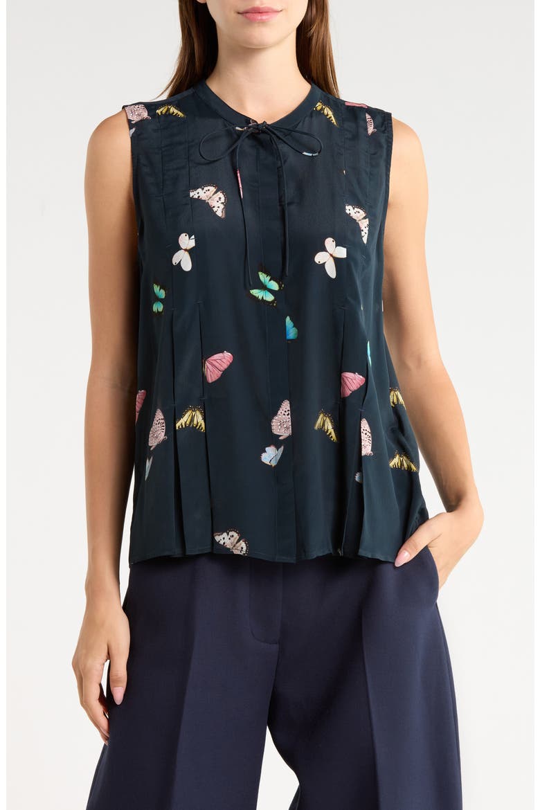 Arden Printed Pleated Sleeveless Silk Blend Top, Main, color, BLACK BUTTERFLY