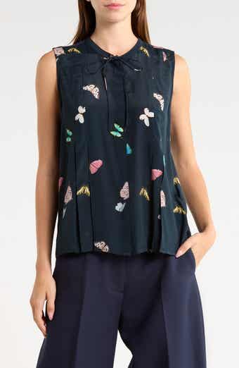 Arden Printed Pleated Sleeveless Silk Blend Top