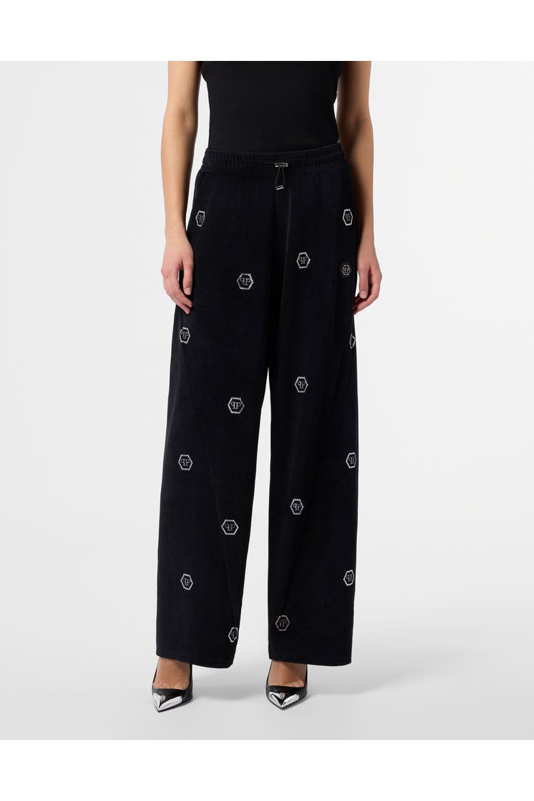 Chenille Skater Fit Tracksuit Pants Monogram Strass Women, Main, color, black
