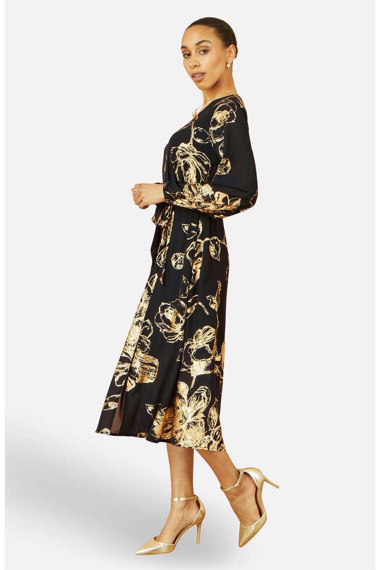 Foil Rose Print Midi Dress, Alternate, color, Black