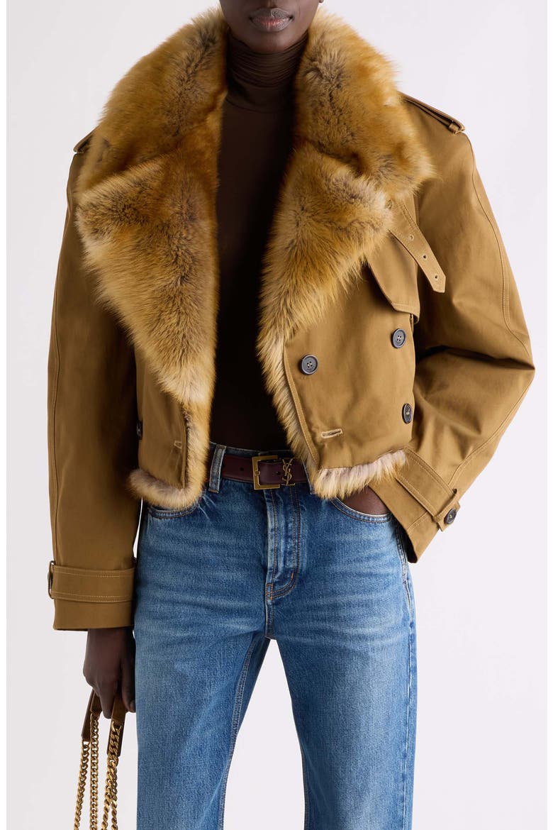 Genuine Lamb Fur Trim Cropped Cotton Coat, Main, color, MARRON/ CHAMOIS/ GRIS/ ORANGE