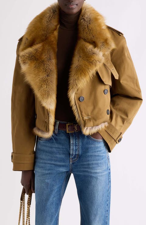 Genuine Lamb Fur Trim Cropped Cotton Coat