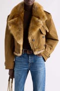 Saint Laurent Genuine Lamb Fur Trim Cropped Cotton Coat