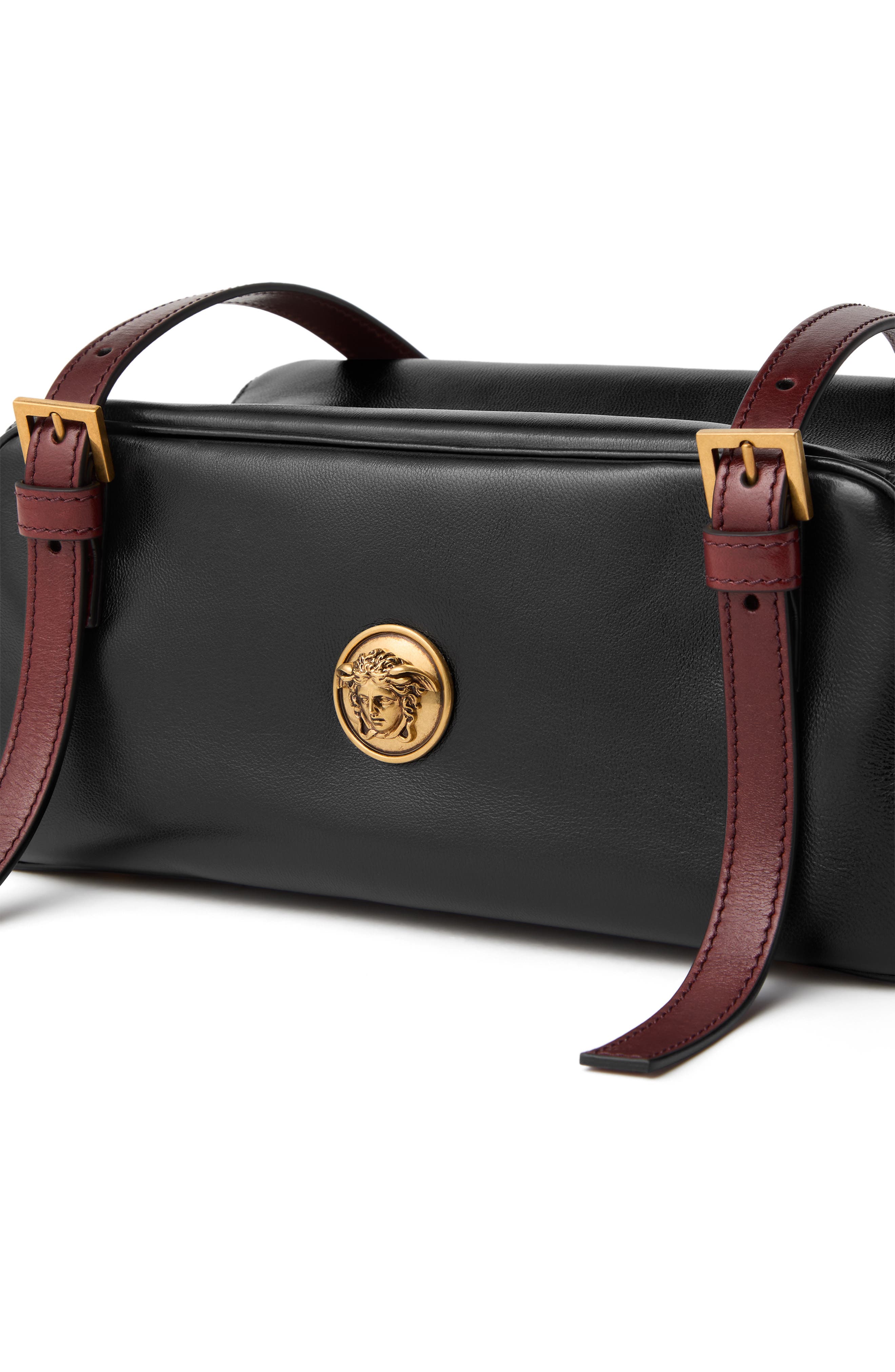 Versace Small Emblème Medusa Leather Bowling Bag, Alternate, color, Black Rosewood Gold
