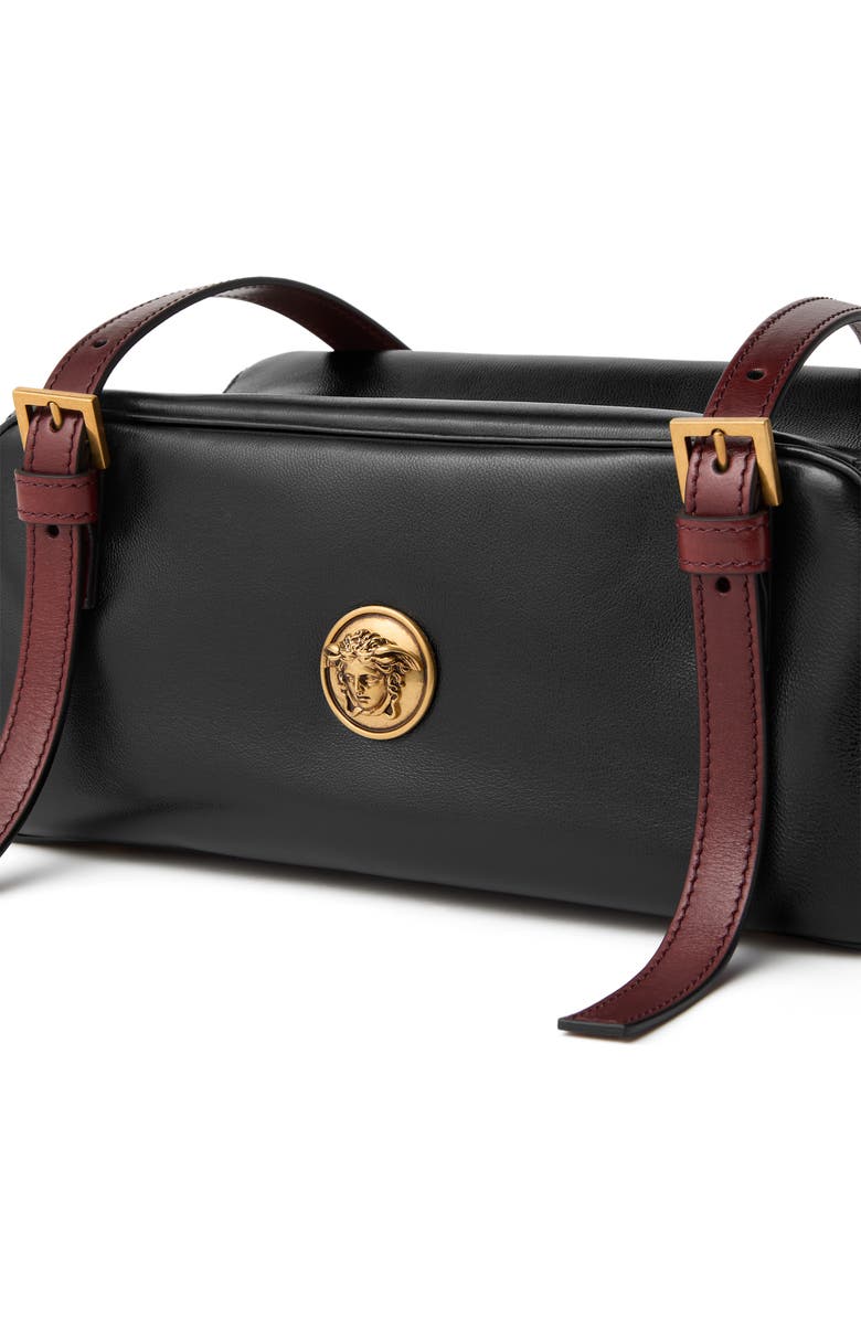 Versace Small Emblème Medusa Leather Bowling Bag, Alternate, color, Black Rosewood Gold