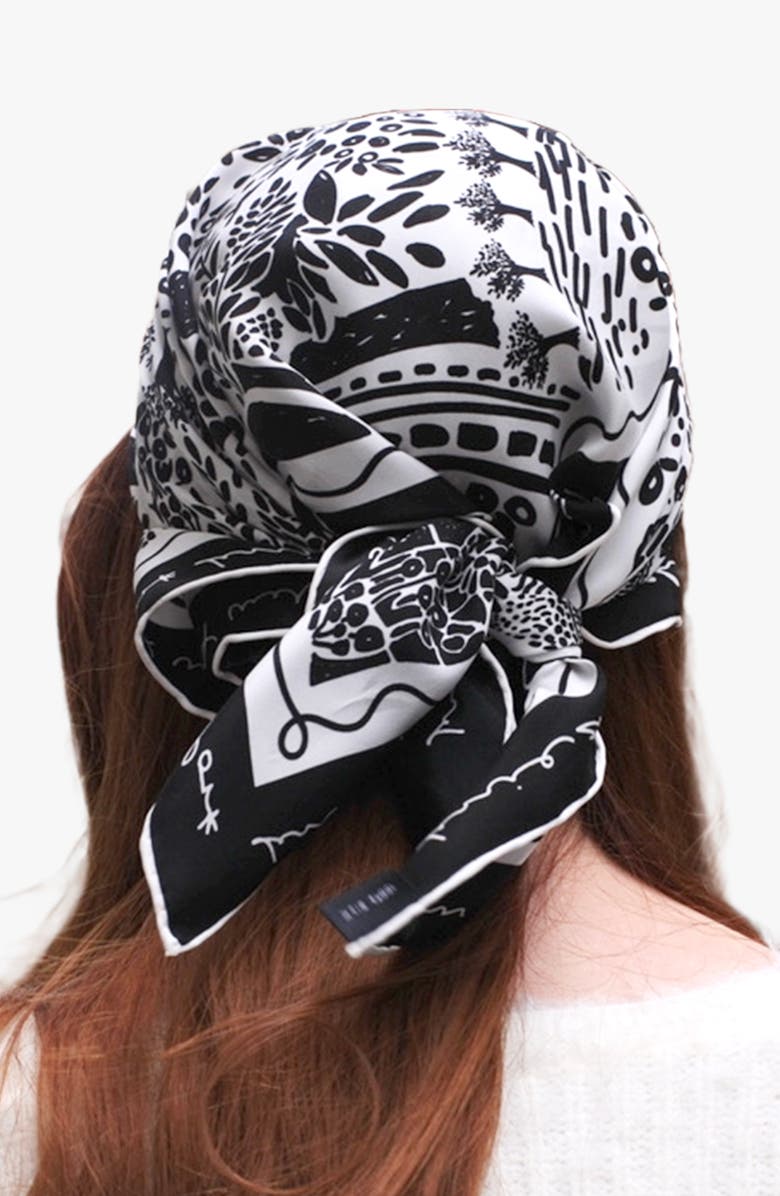 Jessie Zhao New York Double Sided Silk Scarf Of Black Garden, Alternate, color, Black